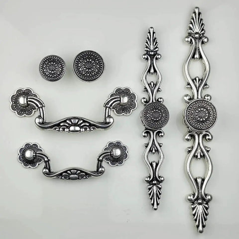 Vintage Sunflower Cabinet Knob With Back Plate Antique Silver And Black Old School Retro Furniture Hardware for drawers