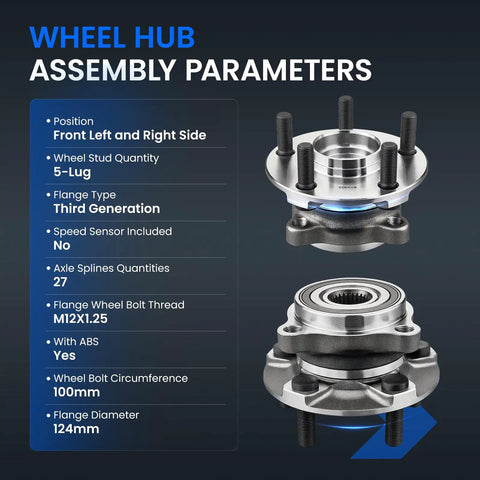 2 Pack Front Wheel Bearing And Hub Assembly For Subaru Forester Impreza Legacy Outback XV Crosstrek 5 Lug With ABS Compatible Durable Hub Kit Easy Install shown with assembly parameters and specifications
