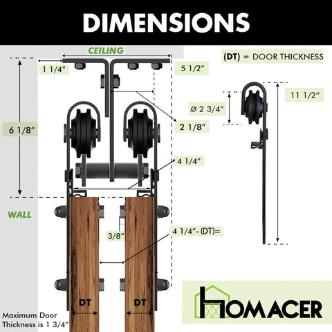 Black Rustic Ceiling Mount Double Track Bypass Sliding Barn Door Hardware Kit For Two Doors dimensions diagram