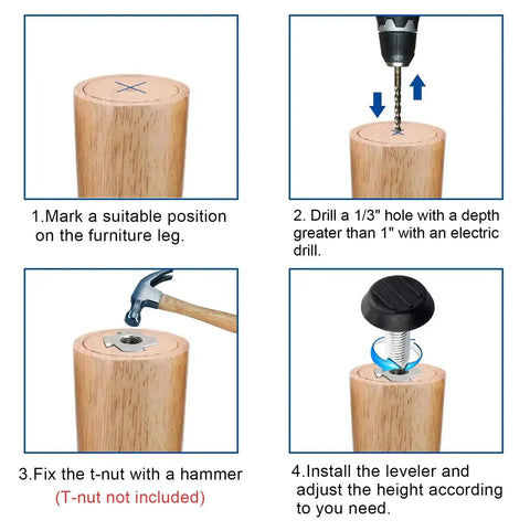 Installation steps for 1/4-20 UNC Thread Adjustable Furniture Levelers And Table Feet, Screw-In Foot Glides for leveling tables and chairs.