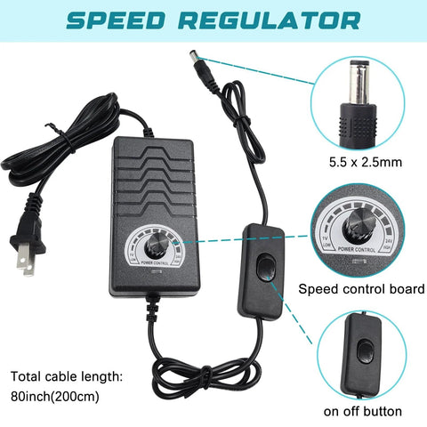 DC 24V Reciprocating Linear Actuator With Adjustable Stroke From 1.18 Inches To 6 Inches Telescopic Gear Drive Includes Speed Controller And Black Suction Cup DIY Friendly For Projects And Home Automation speed regulator components with power control board, dial, and cables.