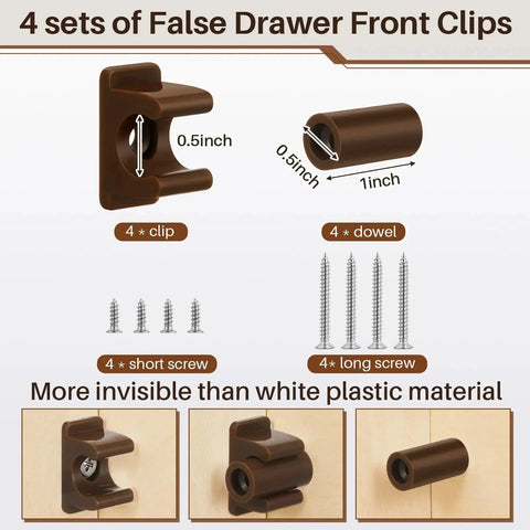False Drawer Front Clips Set Dark Brown 8 Pieces With Screws, showing clips, dowels, and screws dimensions