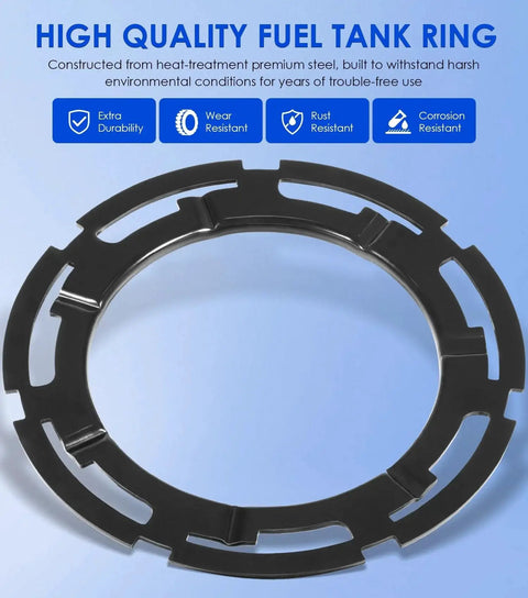 Direct Replacement Fuel Pump Lock Ring For Buick Cadillac Chevrolet Dodge Ford GMC Hummer Isuzu Jeep Lincoln Mazda Pontiac Ram Saab Saturn Suzuki Volkswagen GM Fits OEM Specs, No Fuss Install, Universal Lock Ring Clip, shown on blue background, highlighting durability features.