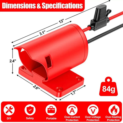 Battery Adapter For Milwaukee 12V Batteries With 14 Gauge Wire Terminals And Fuse Protection, showing dimensions 13" x 2.4"