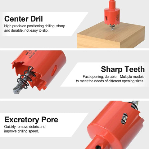 Bi-Metal Hole Saw Kit 6-Piece Set For Wood Plastic Drywall And Soft Metal, close-up of center drill, sharp teeth, excretory pore featured