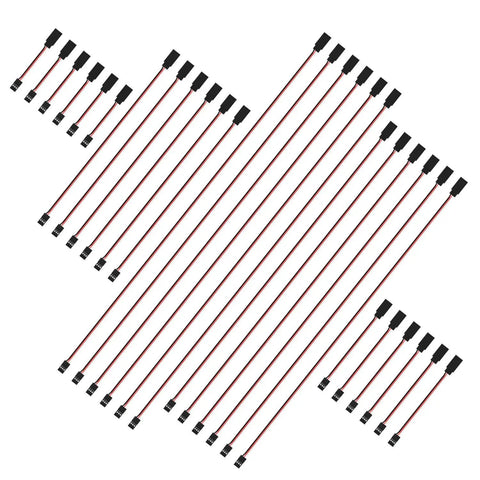 30 Piece Male To Female 3 Pin Servo Extension Cable Set with 22 AWG copper wires, multiple lengths, for RC hobby use displayed in a fan shape.