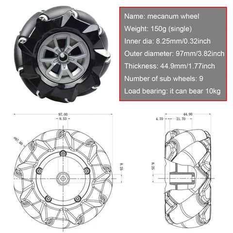 Professional 4WD Metal Robot Car Chassis Kit With 97mm Mecanum Wheels product image showing wheel specifications and design diagrams.