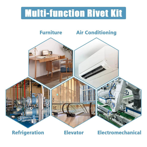 Multi-function rivet kit usage examples in furniture, air conditioning, refrigeration, elevators, and electromechanical fields.