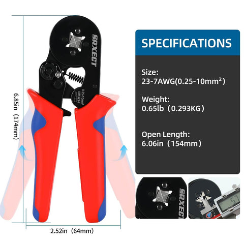 Ferrule Crimping Tool Kit For Wire Ferrules AWG 22 To 8 With 8 Ferrule Sizes and Insulated Connectors with size specifications.