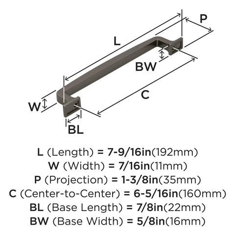 Diagram of Westerly Graphite Cabinet Pull 6-5/16 Inch Center-To-Center, 7-9/16 Inch Overall, with detailed measurements and labels.