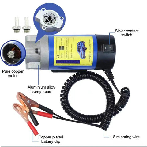 12V 100W Electric Engine Oil Transfer Pump For Oil Change With 3 Hoses, showing copper motor, contacts, and clamps