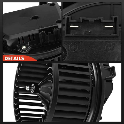Collage of Front HVAC Blower Motor With Brushless Design For Chevy Silverado Tahoe Suburban GMC Sierra Yukon Escalade Cadillac SUVs 2014 2019 Replacement Part Fits 1500 1500 LD 2500 3500 HD showing details and connectors.