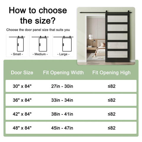 Diagram showing size options for 48 Inch Glass Sliding Barn Door Kit With 8 Ft Track, 5 Panel Frosted Glass, Black Frame.