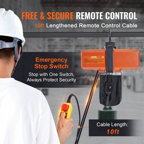 Electric Chain Hoist 1100 Lb Capacity 15 Ft Lift 120V Phase G100 Overhead with remote control and emergency stop switch