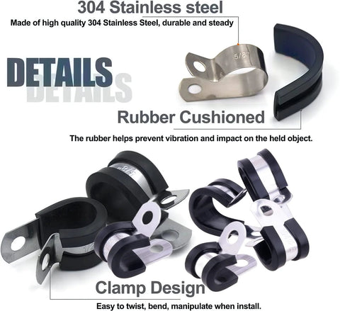 Cable Clamp Assortment Kit, 68 pcs, 304 stainless steel rubber-cushioned pipe clamps with storage case