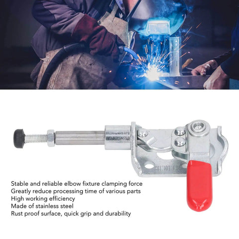 Stainless Steel Push Pull Toggle Clamp Quick Release Clamp For Woodworking Jigs And Fixtures shown in side view with red handle and metal body.