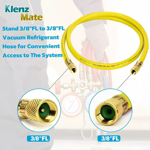 Klenz Mate HVAC vacuum hose, 72in yellow with 3/8 FL to 3/8 FL brass fittings for refrigerant evacuation