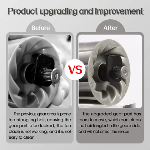 Comparison diagram of the Upgraded Pet Hair Power Brush Attachment For Navigator Lift Away Upright Vacuum Cleaners, before and after improvement
