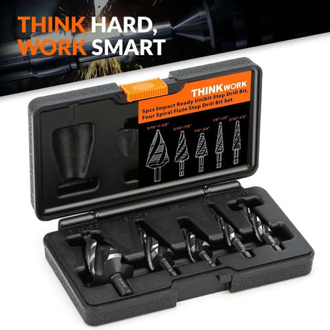 Four Spiral Flute Step Drill Bit Set With Five HSS Step Drill Bits From Thinkwork in black case, drill bit sizes shown