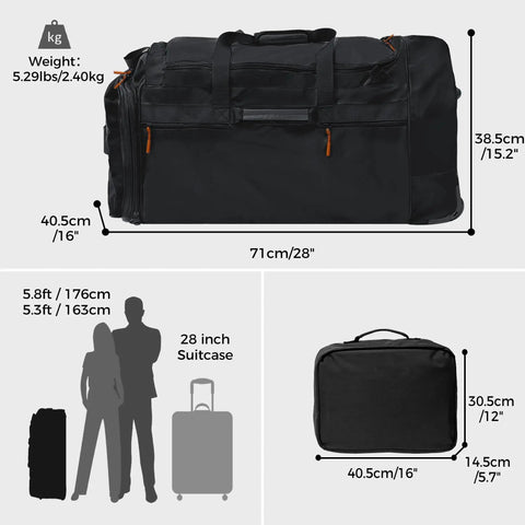 Three Wheel Rolling Duffle Bag With Expandable 110 Liter To 120 Liter Capacity dimensions and features illustration