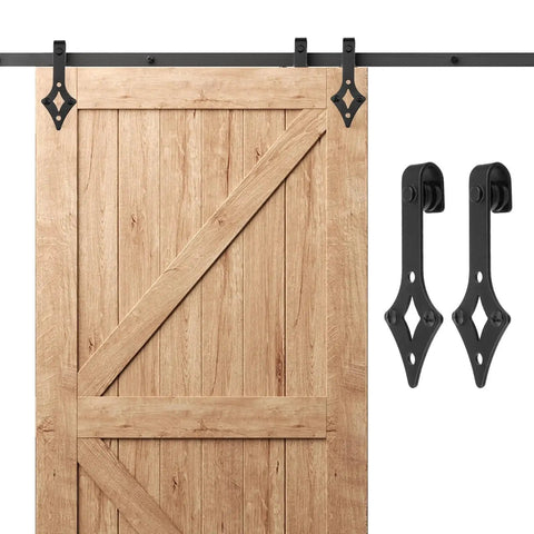 Heavy Duty Cabinet Sliding Barn Door Hardware Kit With J Shape Hanger Type 2 For TV Stands Cupboards Storage Cabinets Wardrobes In Carbon Steel With Frosted Track Finish shown on wooden door