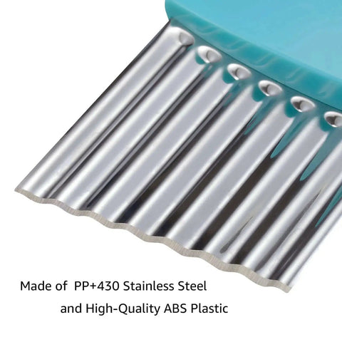 Close-up of a crinkle cutter with stainless steel waffle blade and blue handle for slicing vegetables.