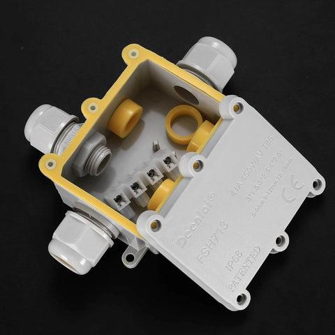 Outdoor Waterproof Junction Box 2 Pack Two Way Electrical Enclosure Transparent External Underground Cable Connector Box For 5mm 9mm 12mm 15mm Wires With Glands And Accessories Durable UV Resistant Dustproof. The image shows a grey rectangular junction box with multiple connectors and visible inner parts, designed for outdoor electrical connections.
