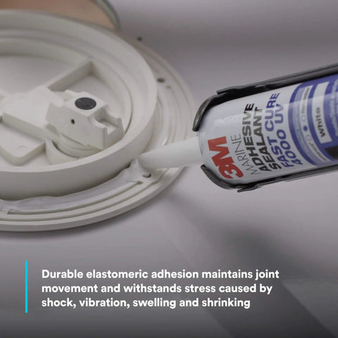 Applying Marine Adhesive 4000 UV PN06580 White sealant to boat fixture, medium-strength flexible waterproof bond, 295 mL cartridge