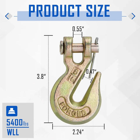 Clevis Grab Hooks 5 16 Inch Grade 70 Forged Steel 5400 LB WLL Tow Chain 10 Pack with size and weight capacity details.