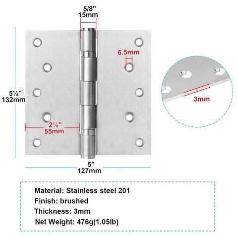 Diagram of Beefy Heavy Duty 4 Pack Square Door Hinges, 5 Inch, 201 Stainless Steel Ball Bearing with measurements and brushed finish