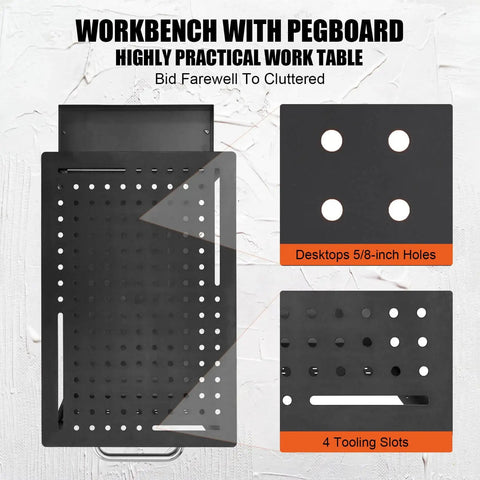 36 By 24 Inch Beefy Heavy Duty Welding Table On Wheels With Storage And Pegboard Portable Steel Welding Bench For Hobbyist Shop Black Built For Stability With 600 Pound Capacity And Easy Mobile Setup featuring pegboard and tooling slots.