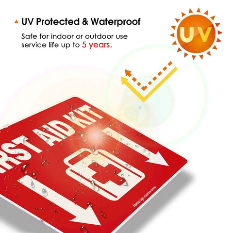 First Aid Kit Sticker Decal 10x7 Inches For Home School And Business, shows UV protection and waterproof features.