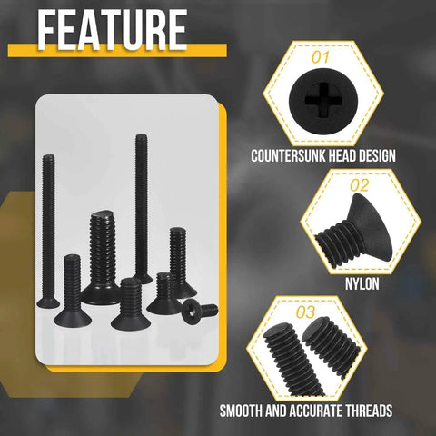 Flat Head Nylon Machine Screws M3 0.5x8 200 Pieces Black with countersunk design and smooth threads, ideal for electronics and machinery