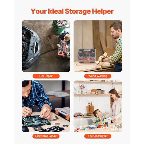 Image depicting various uses for 3-Pack Small Parts Organizer Case Set With 21 Compartments, Removable Dividers in different settings.