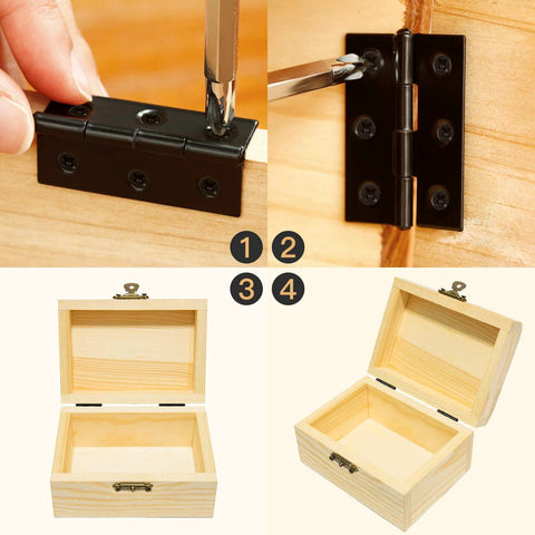 Boao 16-piece black stainless steel door hinges set with screws; collage shows installation close-up, mounted hinge on wood, and wooden display boxes.