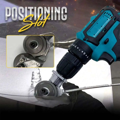 Image showing Metal Nibbler Drill Attachment for Fast Metal Cutting with Electric Shears in action on a sheet, showcasing positioning slot.