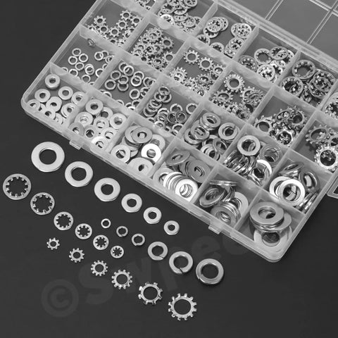 Swpeet 400Pcs stainless steel washer assortment kit in a plastic box with external tooth lock washers and flat washers