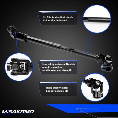 Lower Steering Column Shaft for Jeep Cherokee 1984-1994 and Comanche 1986-1992 in black metal with U-joints and connectors.