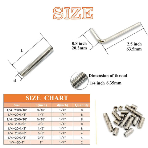 All In One Hex Socket Screws Set 50 Pcs Eight Size Assortment 1/4-20 Thread Cup Point Grub Screws 304 Stainless Steel