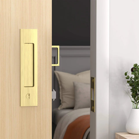 Privacy Pocket Door Lock With Edge Pull Handle No Key Sliding Doors For Bathroom And Bedroom, installed, brass finish