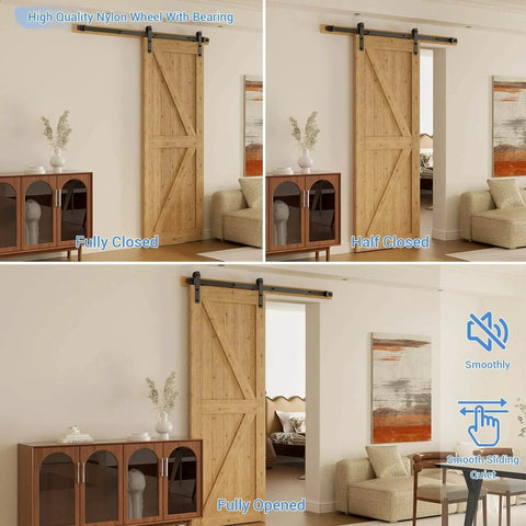 CCJH Six Point Six Feet Heavy Duty Sliding Barn Door Hardware Kit With Quiet Damping Operation And Easy Installation shown installed on wooden door panels in a living room setting, demonstrating fully closed, half closed, and fully opened positions.