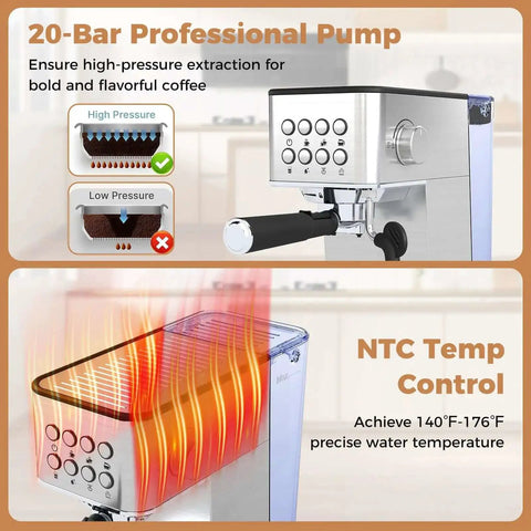 20 Bar Espresso Machine With Milk Frother Compact Stainless Steel Coffee Maker showcased with 20-bar pump and NTC temp control