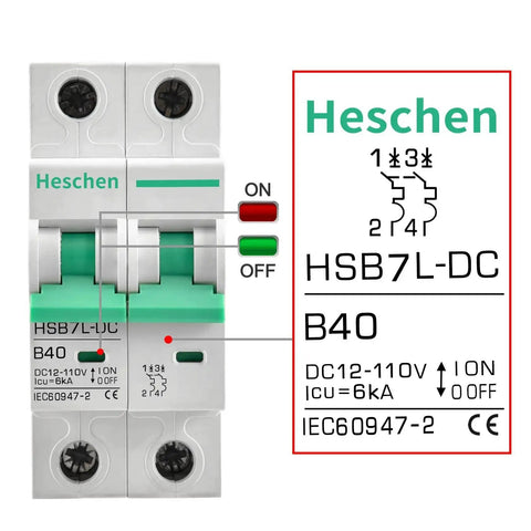 Front view of a DC Miniature Circuit Breaker 2-Pole 40 Amp Non-Polarized Type B 12V-110V DC MCB with 6kA Breaking Capacity.