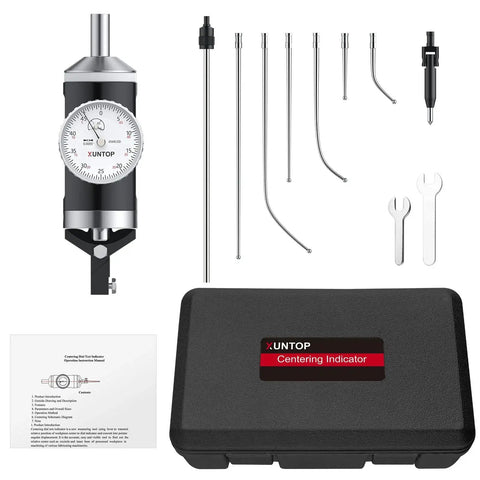 Coaxial Centering Indicator For Milling And Boring Machines With 0 To 0.15 Inch Travel And 0.0005 Inch Precision, 100 RPM Coaxial Indicator With 6 Feelers For Accurate Workpiece Center Alignment XUNTOP shown with case, feelers, and manual.