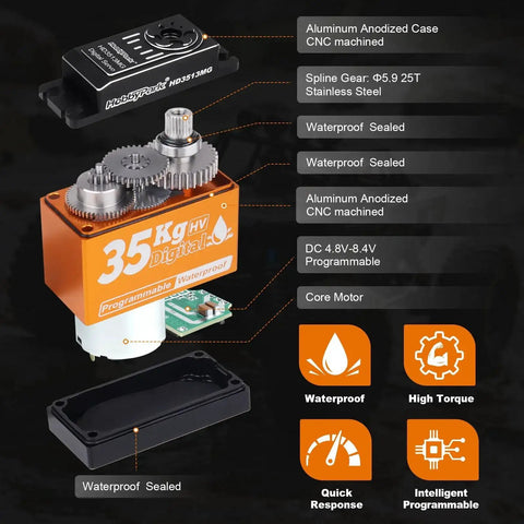 Exploded side view of HobbyPark 35KG waterproof digital servo with orange CNC aluminum case and exposed gears.