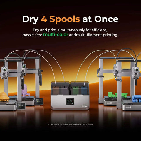 Space Pi X4 Dope Filament Dryer Box With 360 Degree Hot Air Circulation between 3D printers drying four spools at once