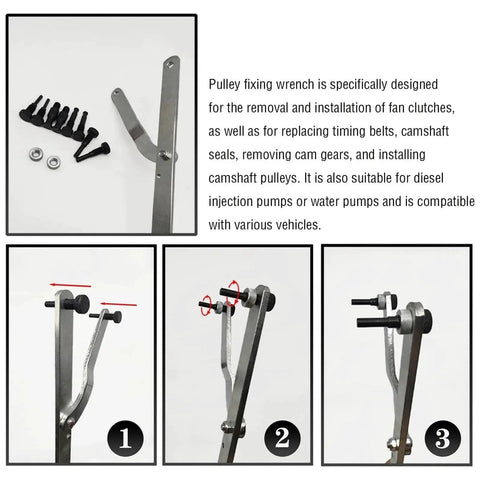 Front view of camshaft sprocket locking tool with ergonomic handle, bolts, washers and metal lever