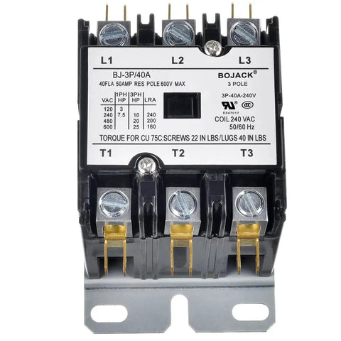 Three Pole 40 Amp 240V AC Definite Purpose Contactor For Air Conditioner Condenser Beefy Heavy Duty HVAC Coil 240 VAC 50 60 Hz 600V Max Withstand Reliable Industrial Grade Switch front view