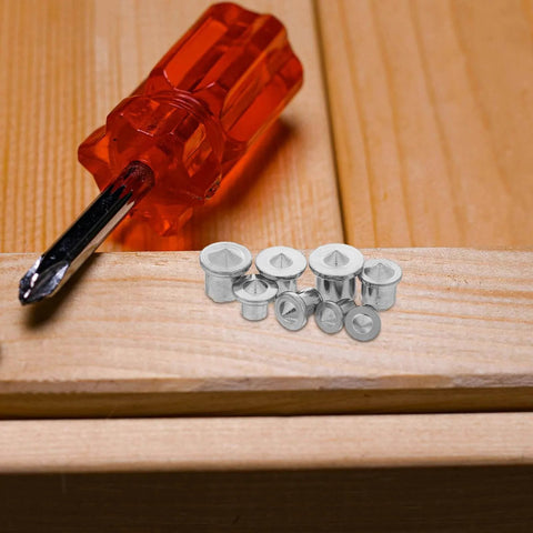 Eight Piece Pro Grade Metal Doweling Center Pins And Dowel Locator Plugs For Woodworking Drill Alignment, shown on wood surface.