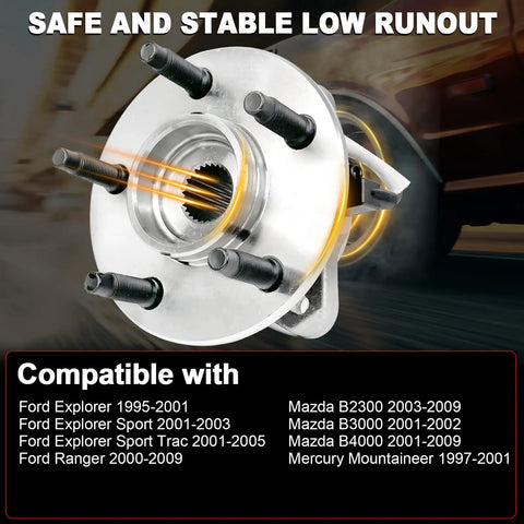 Front Wheel Bearing Hub Assembly For 1995 2001 Explorer, Sport Trac, Ranger, Mazda B2300 B3000 B4000 01 09, Mercury Mountaineer, 4x4, 5 Lug With ABS Direct Fit